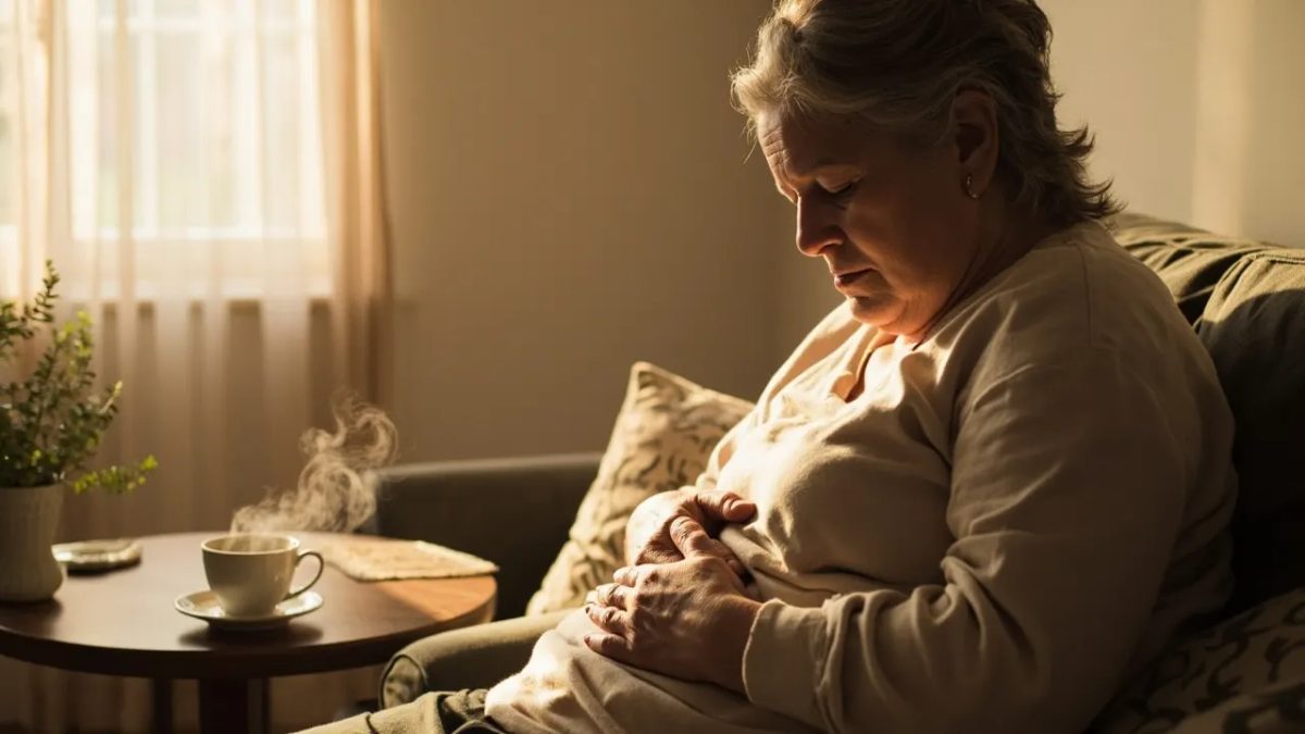 Persona sentada en un sofá con la mano apoyada suavemente sobre el abdomen, acompañada de una taza de infusión caliente y un cuenco de caldo claro, en un ambiente hogareño con luz cálida.