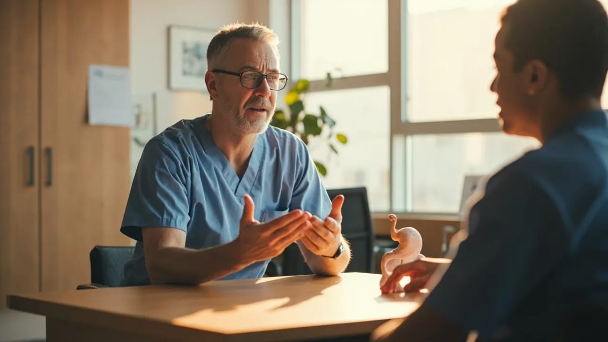 Cirujano bariátrico con uniforme azul claro conversando con un paciente adulto en una consulta médica luminosa y moderna, con un pequeño modelo anatómico del estómago sobre el escritorio.