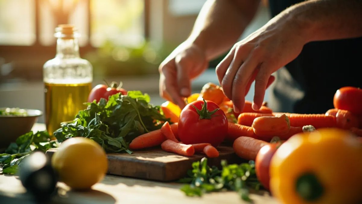 Manos diversas preparando verduras frescas y coloridas sobre una tabla de madera en una cocina luminosa con aceite de oliva y hierbas