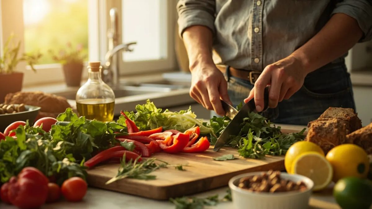 Manos de una persona diversa preparando verduras frescas y coloridas sobre una tabla de madera en una cocina iluminada con luz natural cálida, junto a aceite de oliva, limón y pan integral.