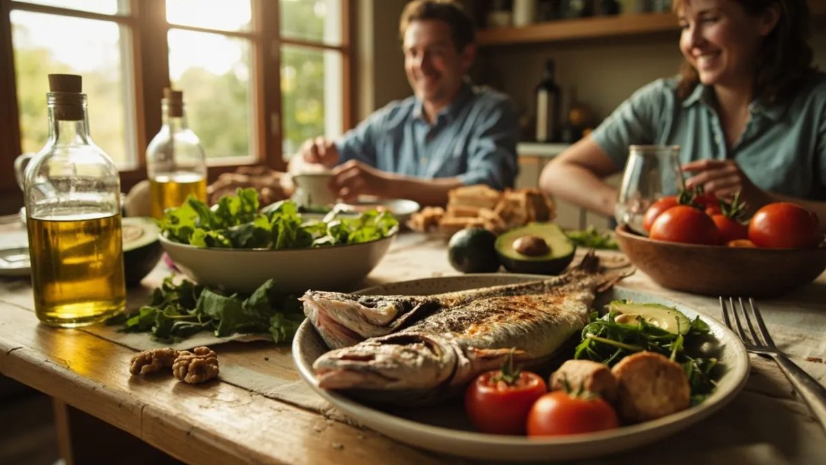 Mesa de madera con una comida estilo mediterráneo: pescado a la plancha, aceite de oliva virgen extra, aguacate, tomates, verduras de hoja verde, nueces y pan integral, con dos personas compartiendo la mesa al fondo.