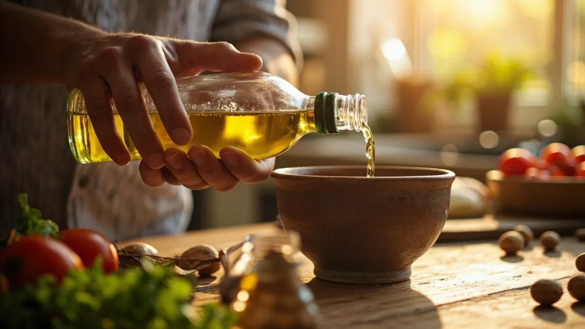 Manos de una persona diversa vertiendo aceite de oliva dorado en una cocina iluminada con luz natural cálida, con ingredientes frescos al fondo