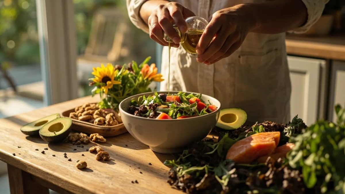 Manos vertiendo aceite de oliva sobre una ensalada fresca en un bol de cerámica, rodeado de aguacate, frutos secos y salmón sobre una mesa de madera rústica bajo luz cálida.