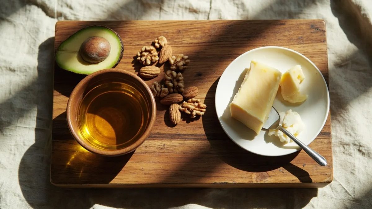 Vista cenital de una tabla de madera con alimentos ricos en grasas: aceite de oliva, aguacate, nueces y almendras junto a mantequilla, queso y aceite de coco.