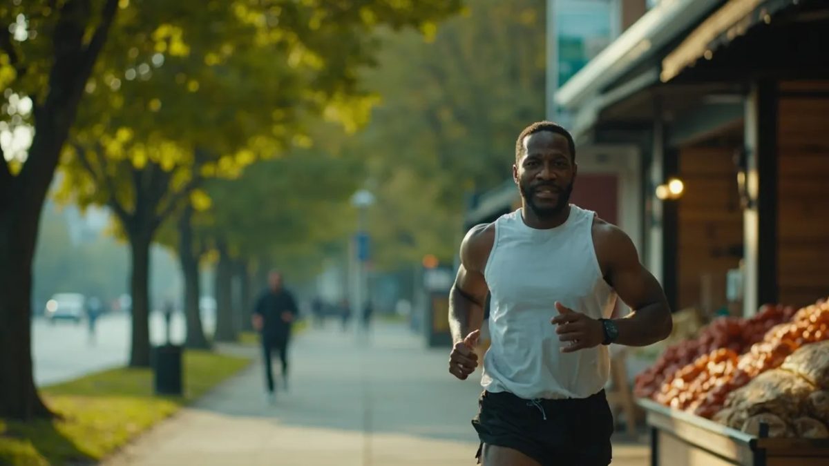 Adulto diverso corriendo a primera hora de la mañana por un sendero arbolado de un parque urbano, con luz fresca y suave que transmite energía y vitalidad.