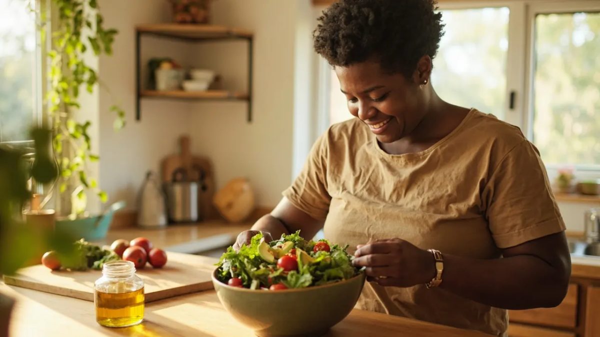 Persona diversa sonriendo mientras prepara una ensalada fresca de verduras coloridas en una cocina iluminada con luz natural cálida.
