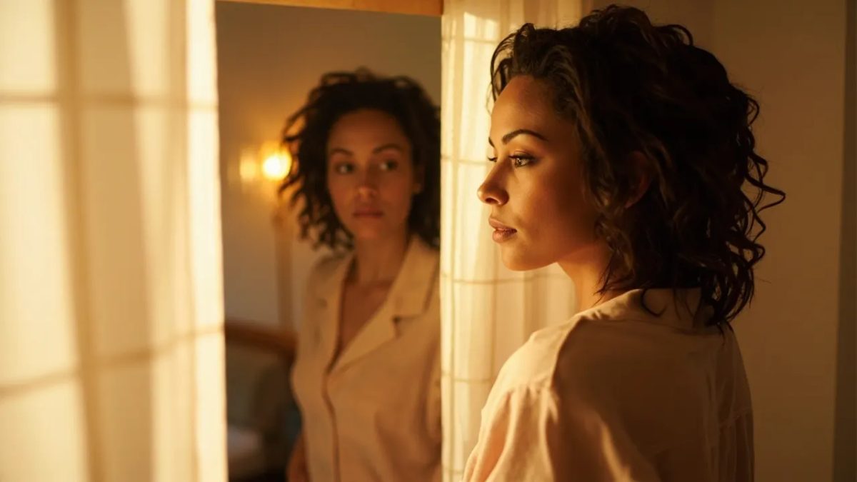 Mujer diversa de pie frente a un espejo mirándose con expresión reflexiva y tranquila, en una habitación iluminada con luz natural cálida