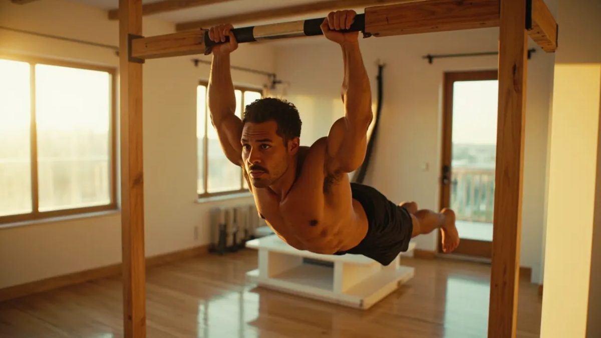 Hombre atlético ejecutando un ejercicio avanzado de calistenia, como una bandera o muscle-up, en una barra instalada en el salón de su casa, con luz natural cálida entrando por la ventana.