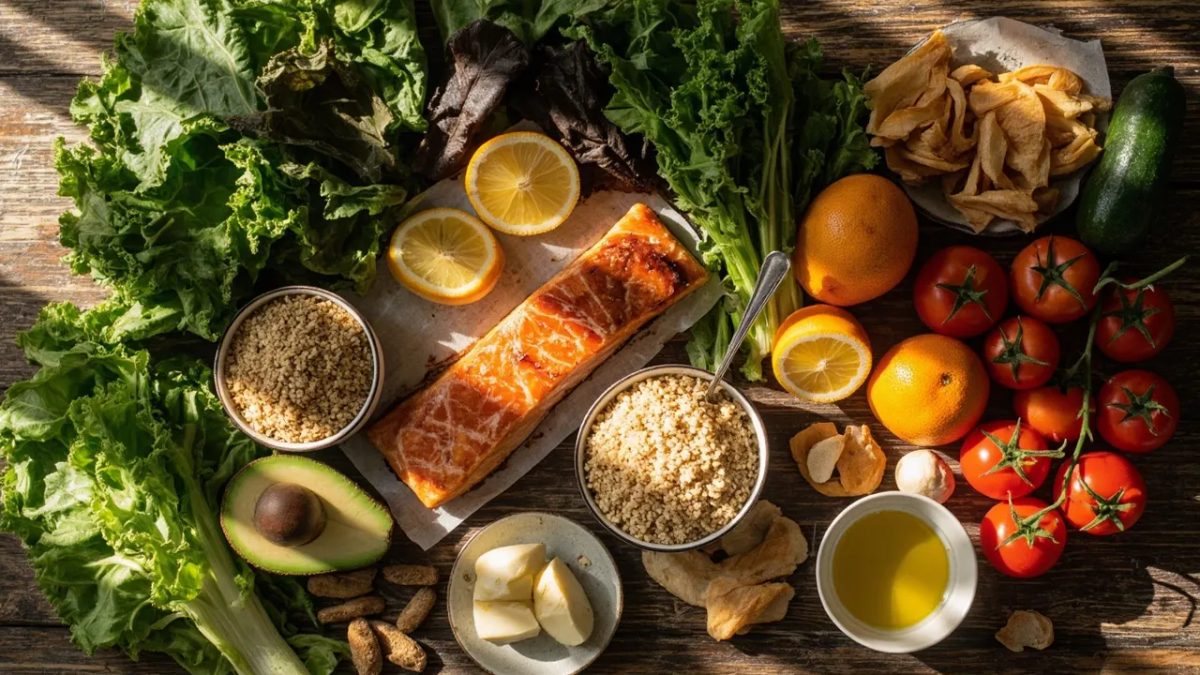 Vista cenital de una mesa de madera con alimentos frescos y saludables: verduras de hoja verde, tomates, aguacate, granos integrales, un filete de salmon a la plancha, rodajas de cítrico y un cuenco pequeño con aceite de oliva, iluminados con luz natural cálida.