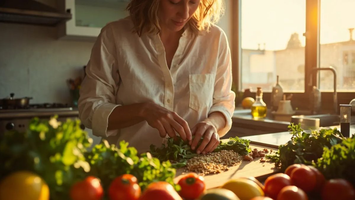 Persona diversa cocinando con calma una comida saludable y colorida con vegetales frescos y hierbas sobre una tabla de madera en una cocina luminosa bañada por luz natural cálida.