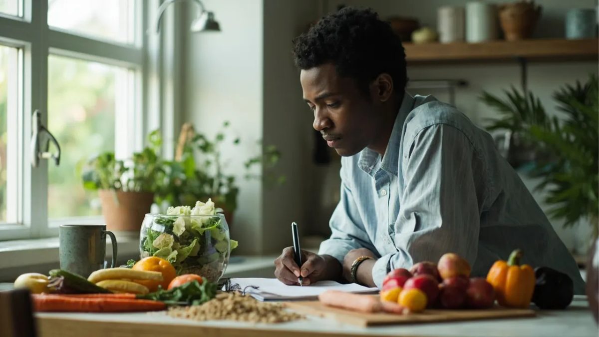 Persona diversa planificando comidas saludables en una cocina luminosa de mañana