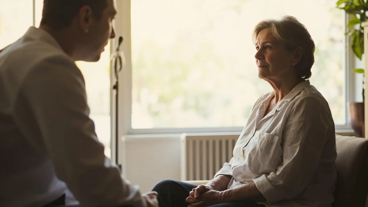 Médica con bata blanca atendiendo a una paciente en una consulta luminosa, en un ambiente de confianza y atención médica