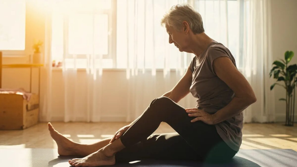 Persona adulta estirando con suavidad la cadera sobre una esterilla en una sala iluminada con luz natural cálida