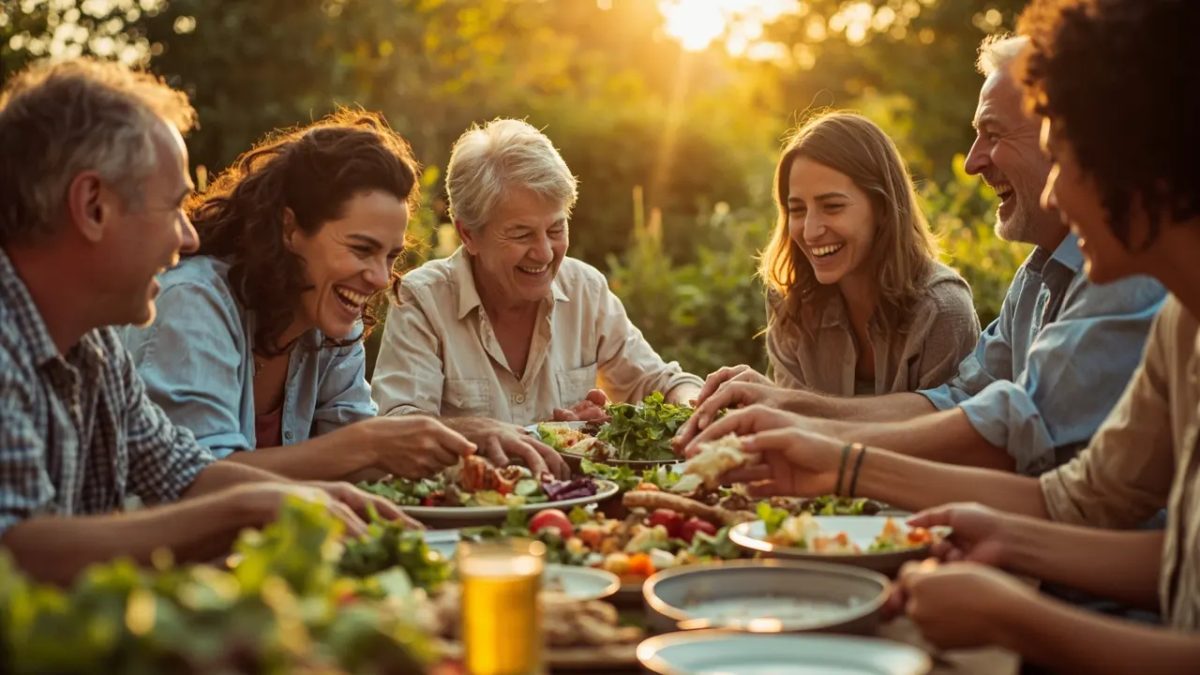 Grupo diverso de personas compartiendo una comida saludable al aire libre bajo luz cálida del atardecer, riendo y pasándose platos de verduras frescas, pescado a la plancha y granos integrales.