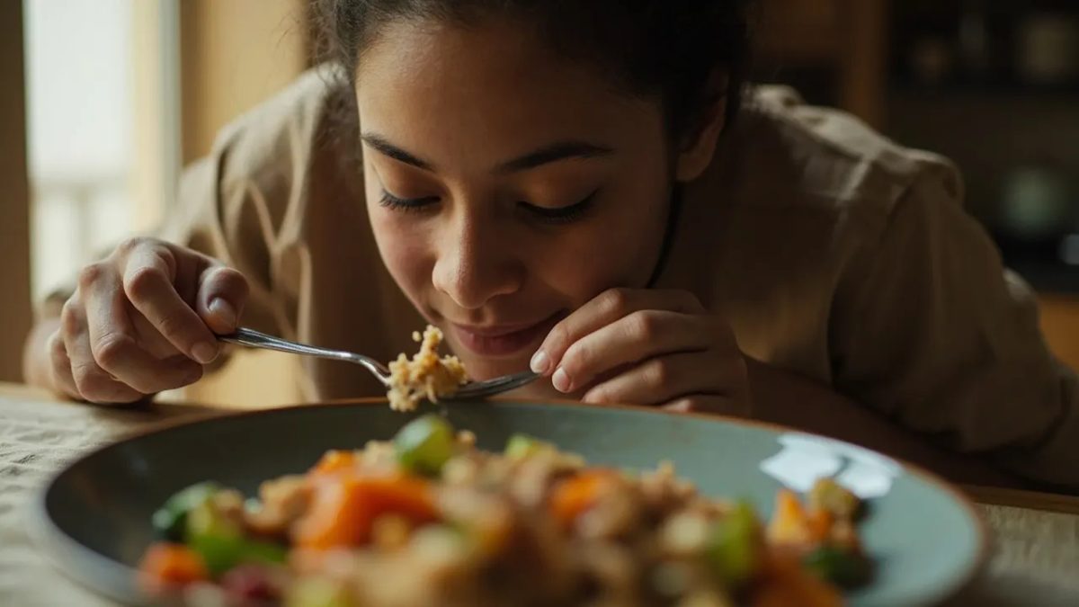 Persona diversa sentada a una mesa de madera con luz cálida de ventana, sosteniendo delicadamente un tenedor sobre un plato de comida real mientras observa la comida con calma y atención plena, evocando el acto de comer conscientemente.