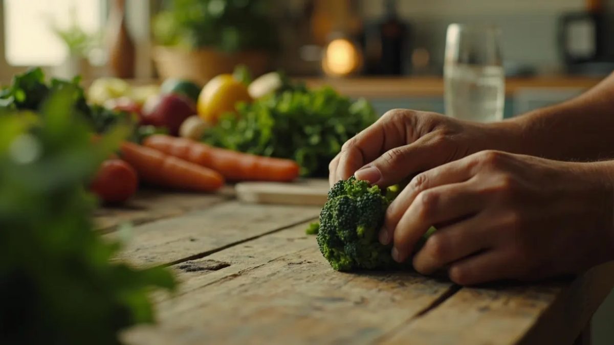 Manos de una persona diversa sosteniendo e inspeccionando con atención un brócoli fresco sobre una mesa de cocina con verduras y alimentos integrales al fondo, bajo luz natural cálida.