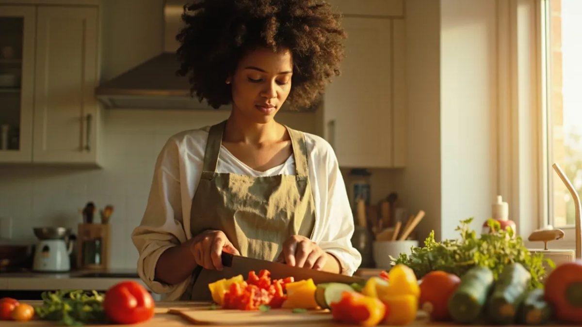 Persona diversa cortando verduras frescas sobre una tabla de madera en una cocina luminosa bañada por luz natural cálida