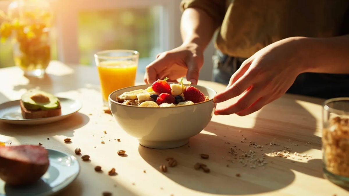 Mesa de desayuno saludable con cuenco de avena con frutas frescas, tostada de aguacate y zumo de naranja, iluminada con luz natural cálida