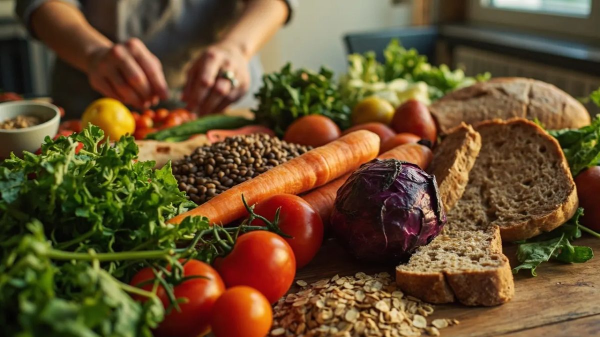 Mesa de madera con una variada y colorida selección de alimentos vegetales integrales: verduras de hoja verde, tomates, zanahorias, lentejas, avena y pan de grano entero, con una persona desenfocada al fondo enjoying de la comida con luz natural cálida.