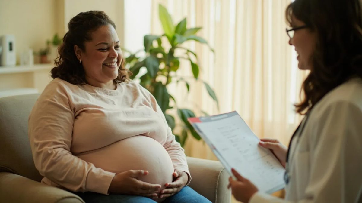 Mujer embarazada de talla grande conversando amablemente con su ginecóloga en una consulta prenatal iluminada con luz natural cálida