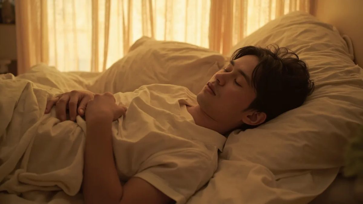 Persona adulta diversa durmiendo plácidamente en una cama con luz cálida y suave, en un ambiente sereno que sugiere una respiración tranquila y un descanso reparador.