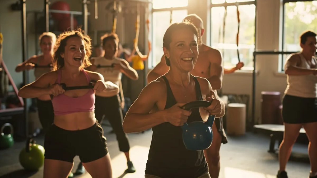 Grupo diverso de adultos realizando una sesión de entrenamiento en circuito en un gimnasio luminoso, con ejercicios funcionales como kettlebells, cuerdas de batalla y suspensiones.