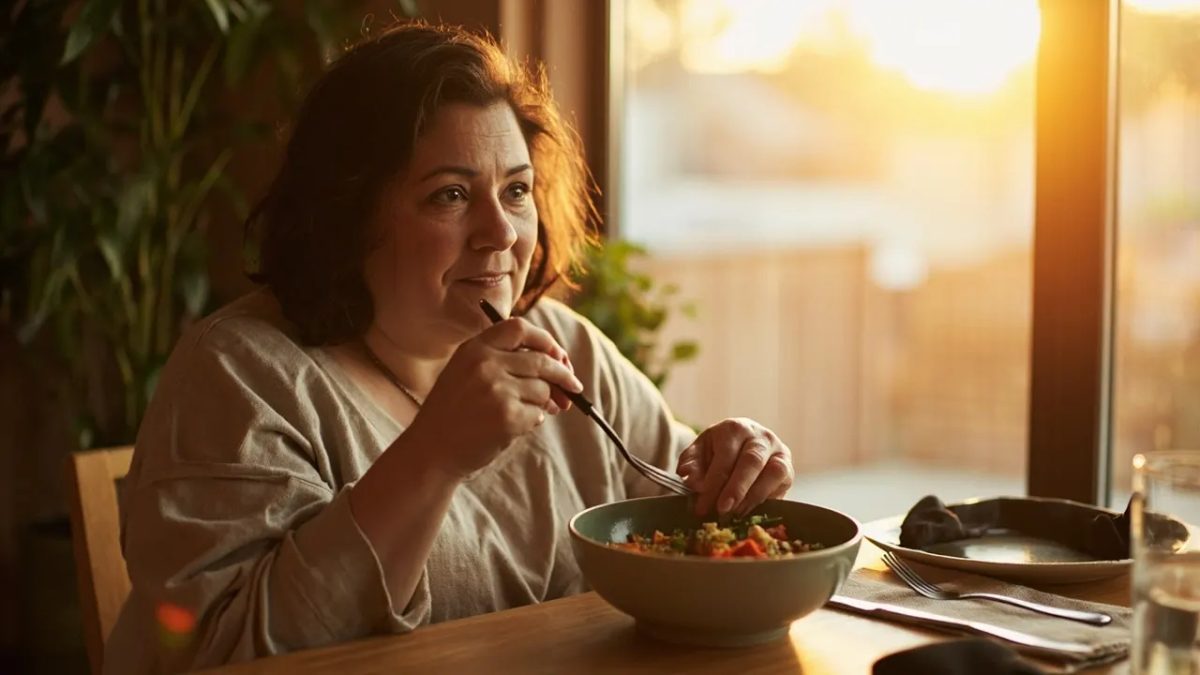 Persona diversa sentada con calma frente a una mesa de madera, contemplando un plato de comida sencilla antes de comer, en un ambiente hogareño iluminado con luz cálida.