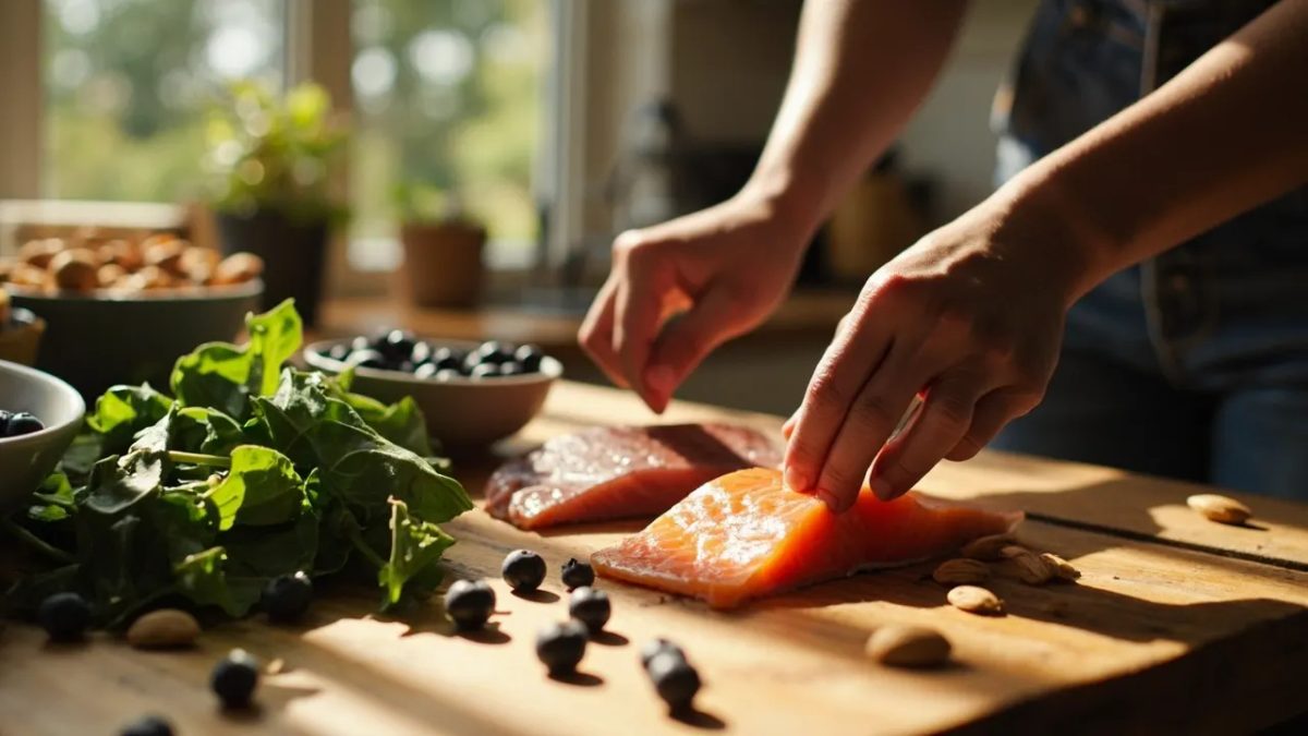 Manos preparando ingredientes frescos y saludables como salmón, espinacas, arándanos y almendras sobre una encimera de madera con luz natural cálida.