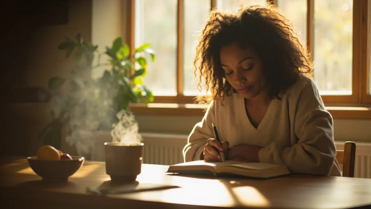 Persona diversa sentada junto a una ventana luminosa escribiendo con calma en un cuaderno, acompañada de una taza de té humeante y un cuenco con fruta sobre la mesa.