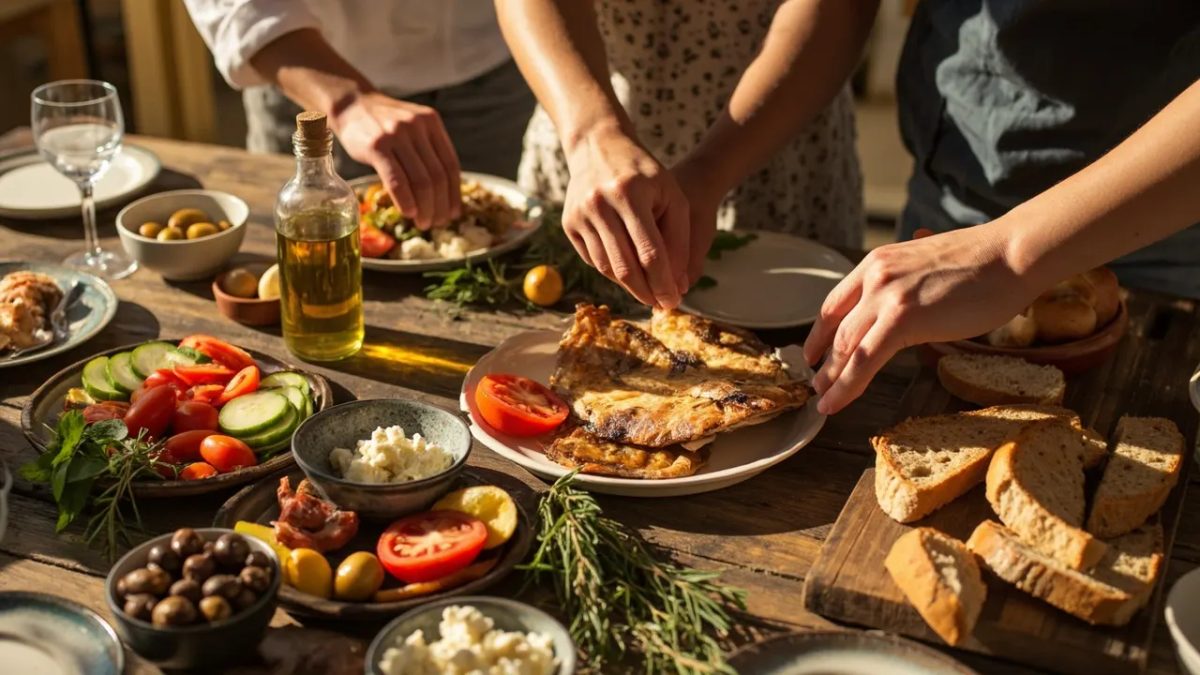 Mesa de madera rústica con una comida mediterránea abundantemente presentada bajo luz cálida: tomates maduros, rodajas de pepino, aceitunas, queso feta, aceite de oliva, hierbas frescas, pan integral y pescado a la parrilla compartidos en estilo familiar.