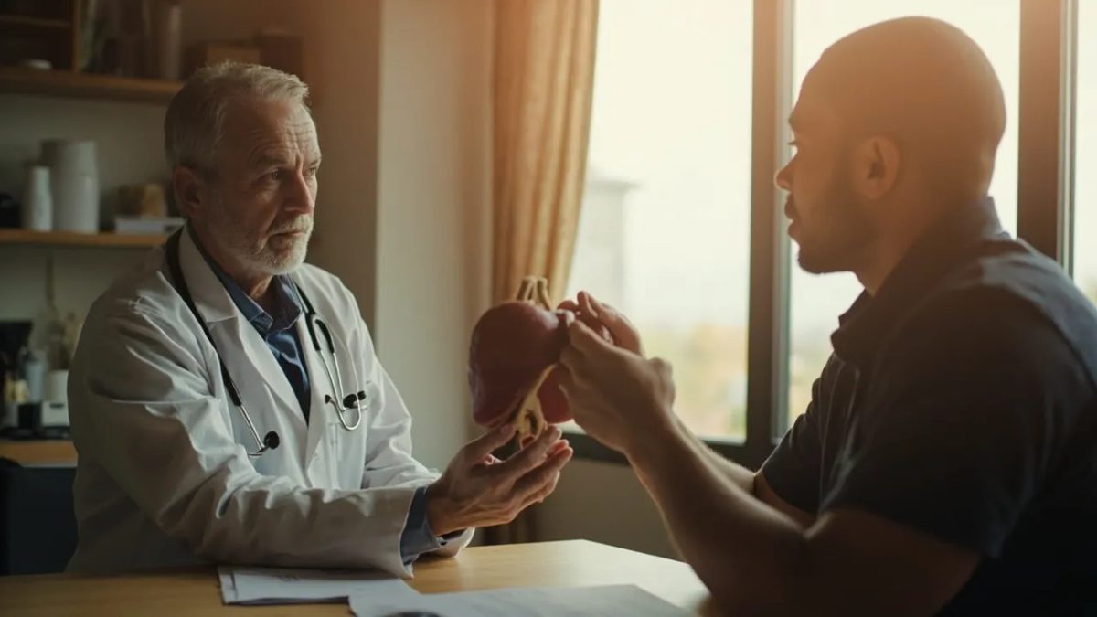 Médico mostrando a un paciente un modelo anatómico del hígado durante una consulta médica