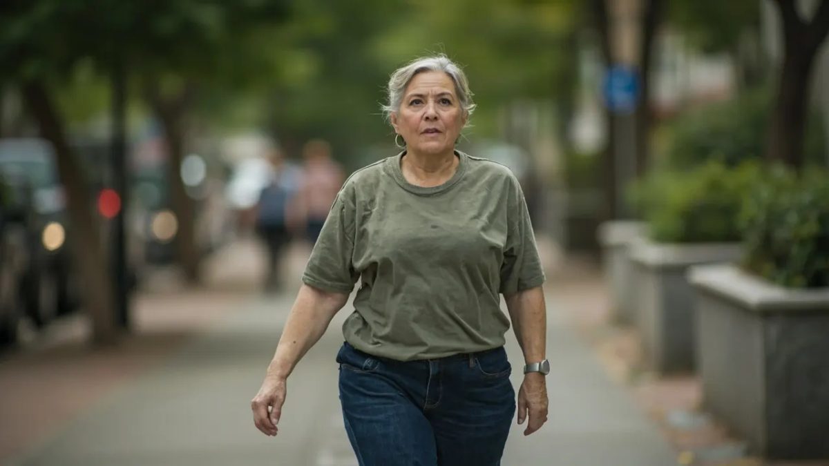 Mujer de mediana edad caminando a buen paso por un camino urbano rodeado de árboles en una mañana nublada, con luz suave y tonos fríos.