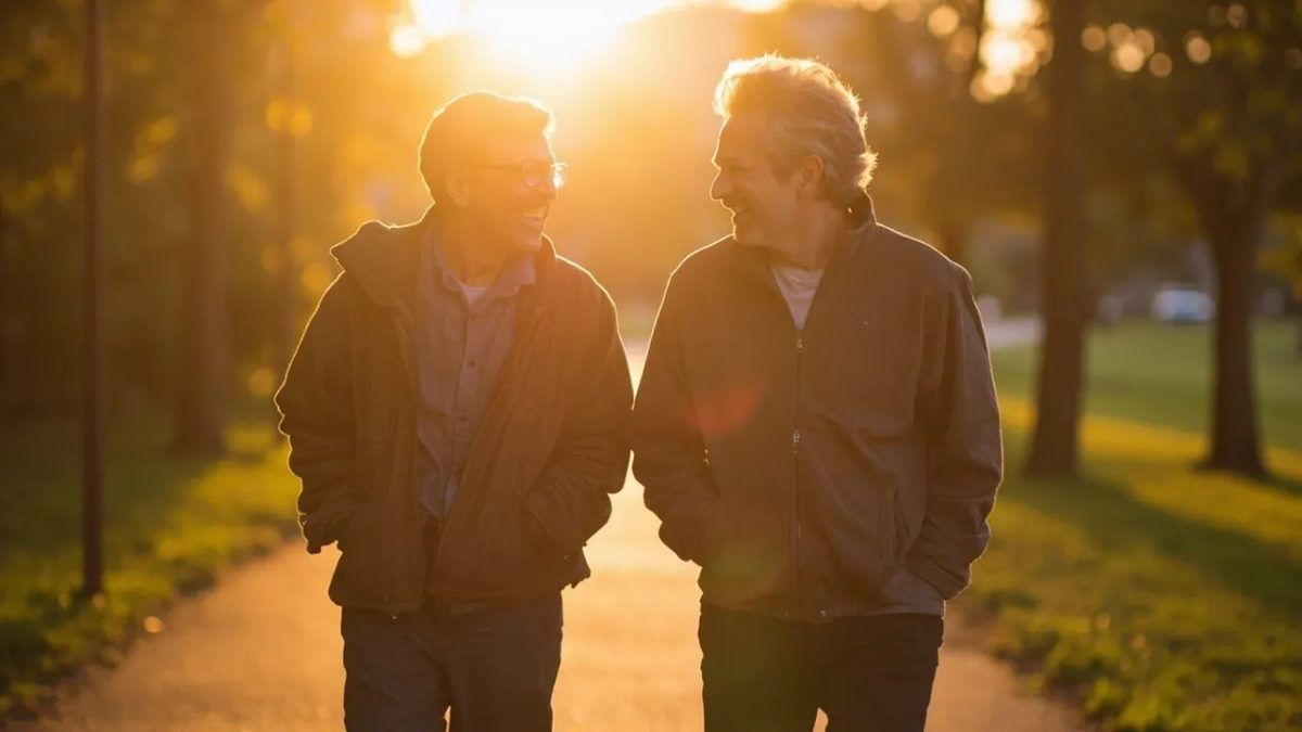 Pareja diversa caminando junta por un parque iluminado por la luz cálida del atardecer, transmitiendo vitalidad y bienestar.