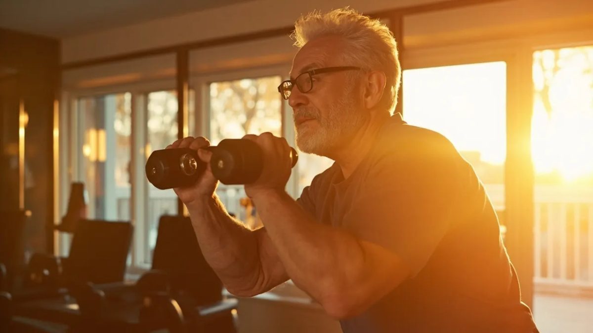 Adulto mayor diverso y en forma realizando entrenamiento de fuerza con mancuernas ligeras bajo luz natural cálida, transmitiendo vitalidad y envejecimiento saludable.