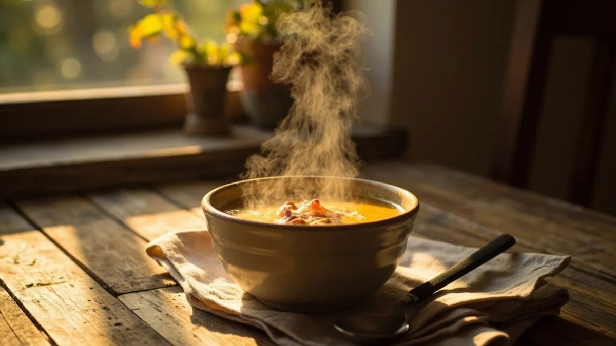 Tazón de cerámica con sopa caliente humeante sobre una mesa de madera, iluminado por luz natural cálida