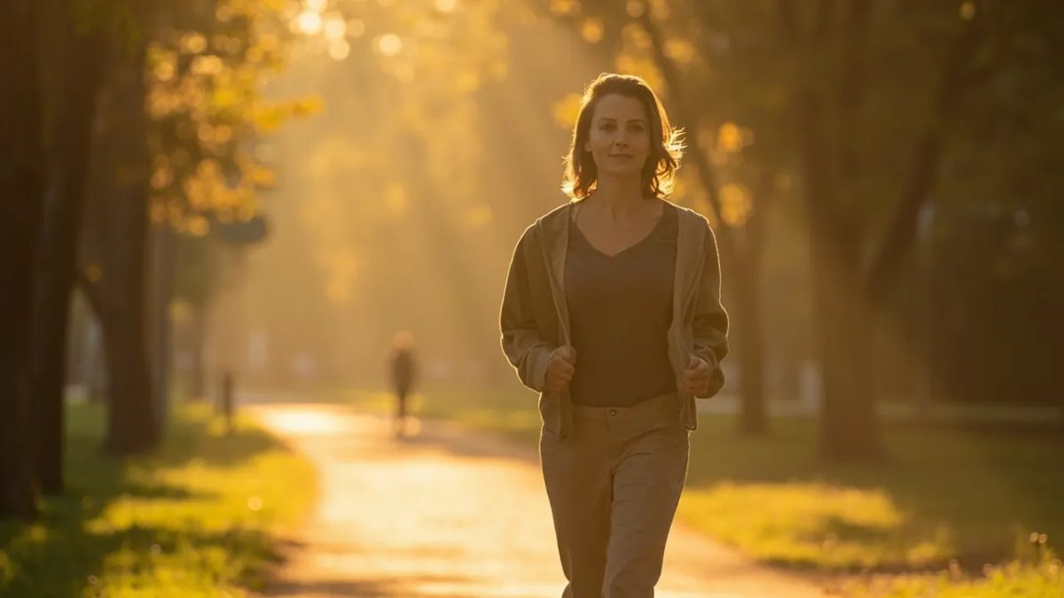 Mujer diversa caminando con energía por un parque bañado por la luz cálida de la mañana.