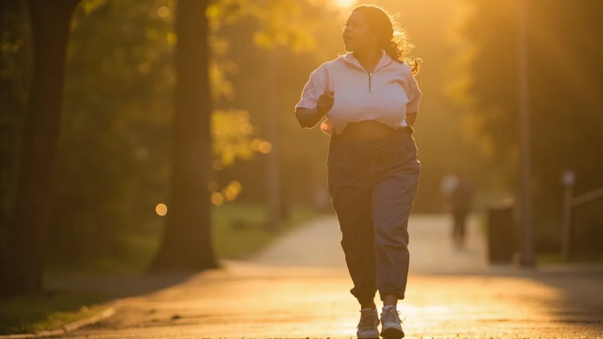 Person caminando con paso natural por un parque iluminado por la luz cálida del atardecer, representando el movimiento cotidiano como parte de un estilo de vida activo.