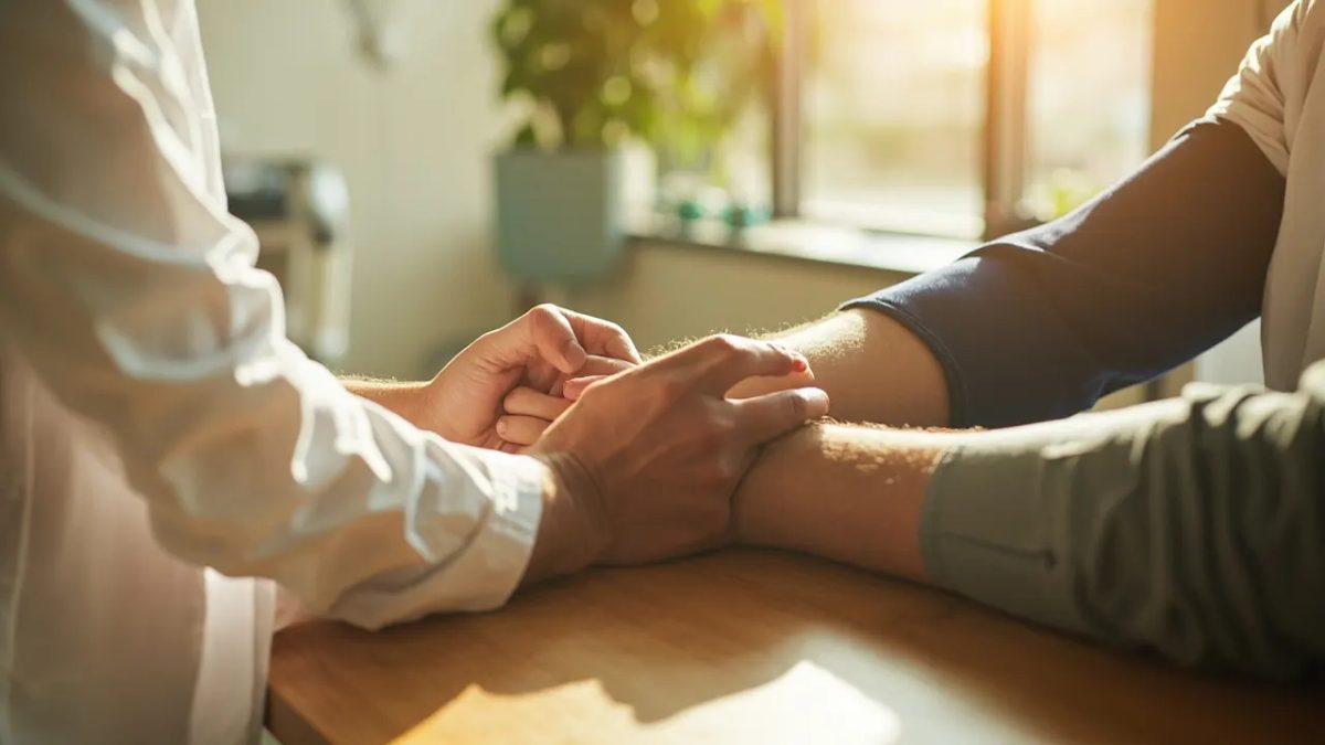Profesional de la salud tomando la tensión arterial a un paciente en una consulta médica