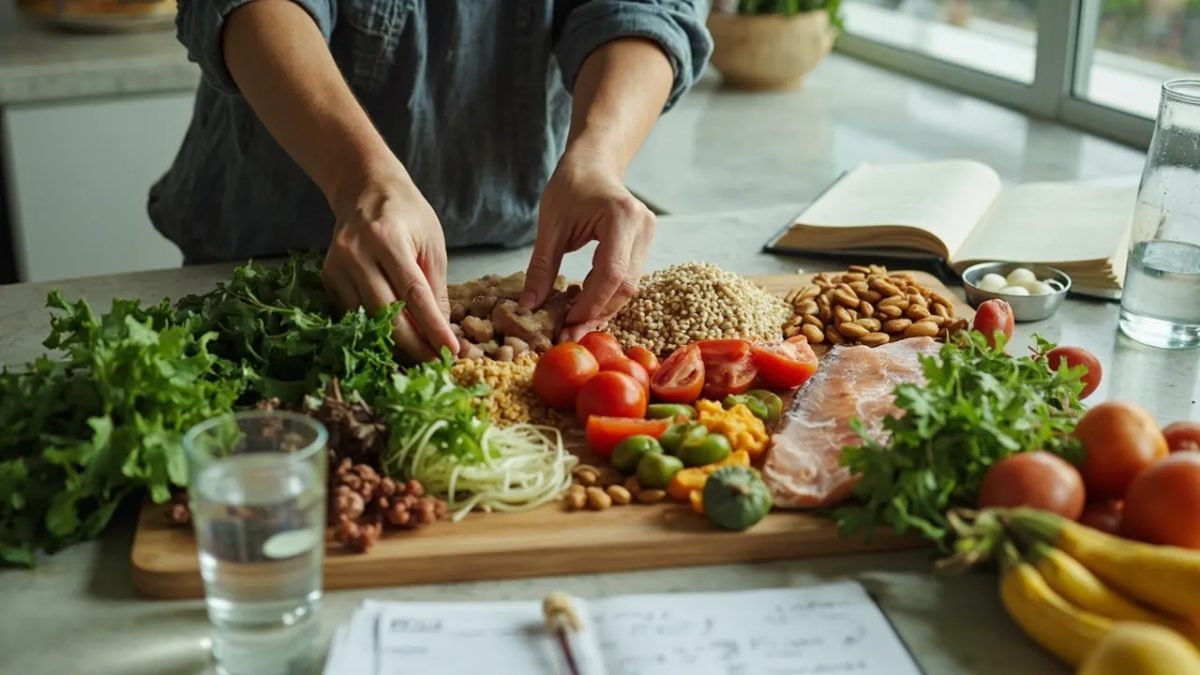 Manos diversas colocando alimentos frescos y variados —verduras de hoja verde, tomates, granos integrales, legumbres y pescado— sobre una encimera de cocina iluminada con luz natural fría y suave.