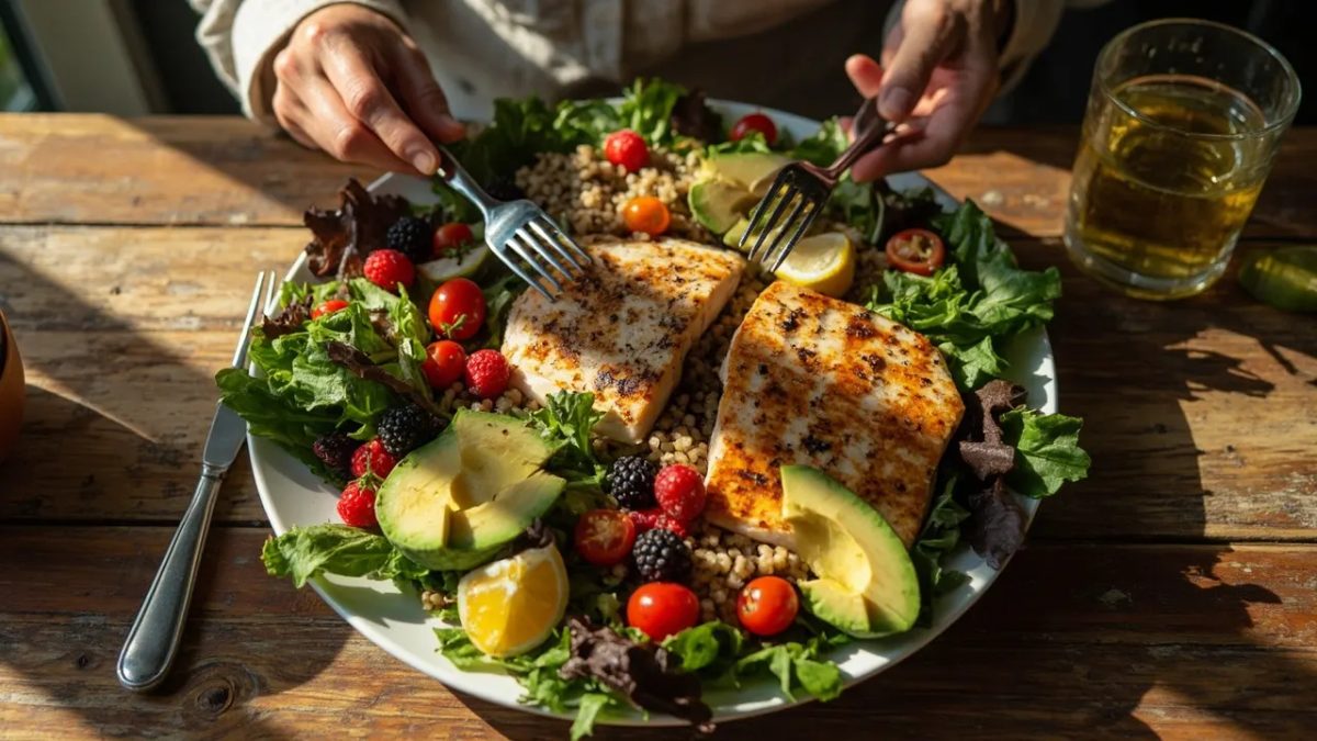 Plato colorido con alimentos frescos y saludables, como verduras de hoja verde, aguacate, tomates cherry y quinoa, sobre una mesa de madera iluminada con luz cálida natural.