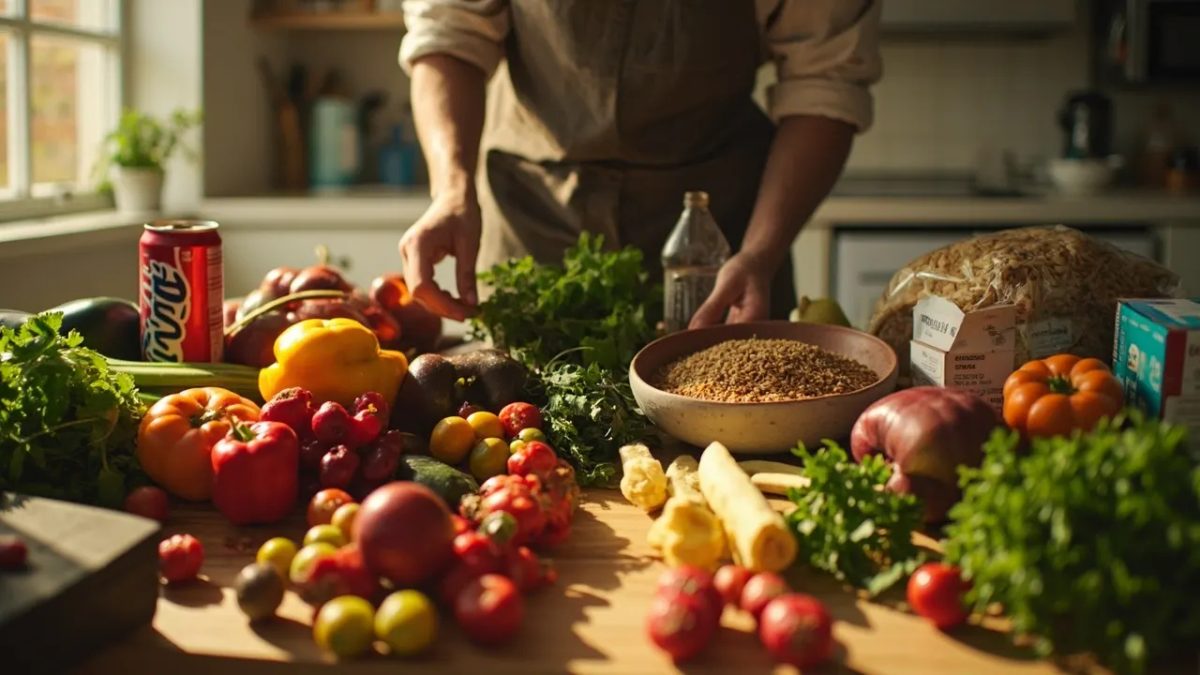 Mesa de madera iluminada con luz natural cálida donde se contrasta una selección de alimentos frescos y naturales —verduras, frutas y granos— junto a algunos productos procesados y ultraprocesados envasados genéricos, con las manos de una persona ordenando los ingredientes.