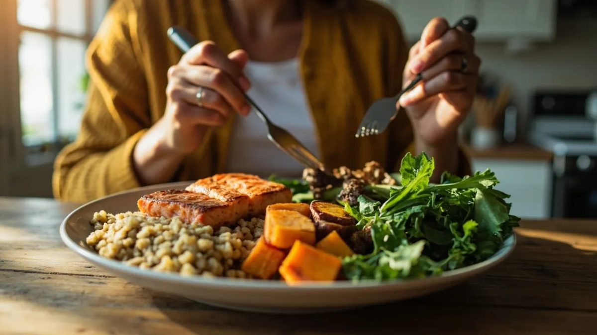 Persona diversa sentada ante una mesa con un plato de comida saludable que incluye salmón a la plancha, brócoli al vapor, batata asada, quinoa y verduras frescas, bajo luz natural cálida.