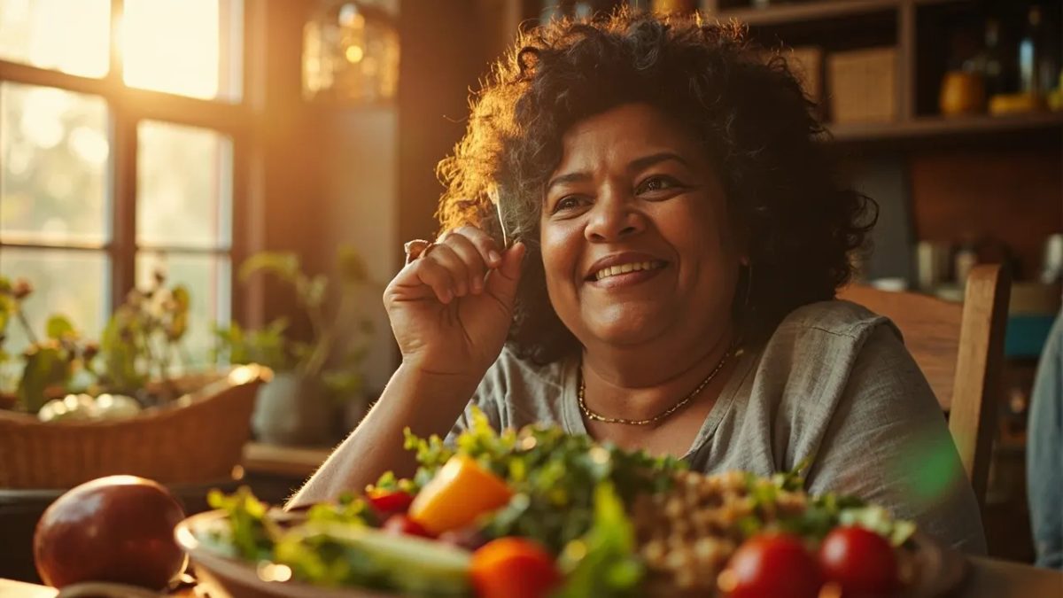 Persona diversa sonriendo mientras disfruta de una comida casera saludable en una mesa de madera iluminada por luz cálida natural.