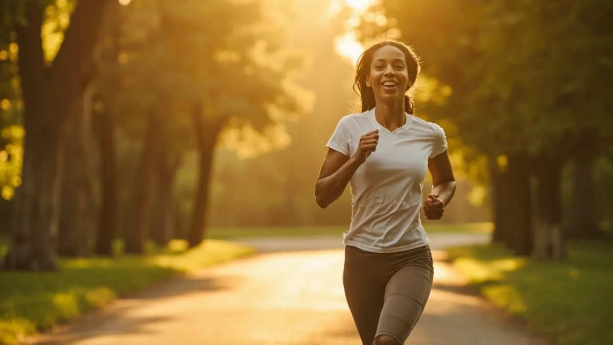 Mujer diversa trotando al aire libre por un sendero arbolado de un parque a primera hora de la mañana, con luz cálida del amanecer filtrándose entre las hojas y ropa deportiva cómoda.