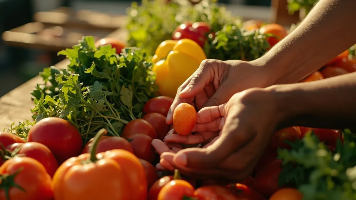 Manos diversas sosteniendo un surtido de vegetales frescos y coloridos bajo una luz cálida, evocando una alimentación saludable y diversa.