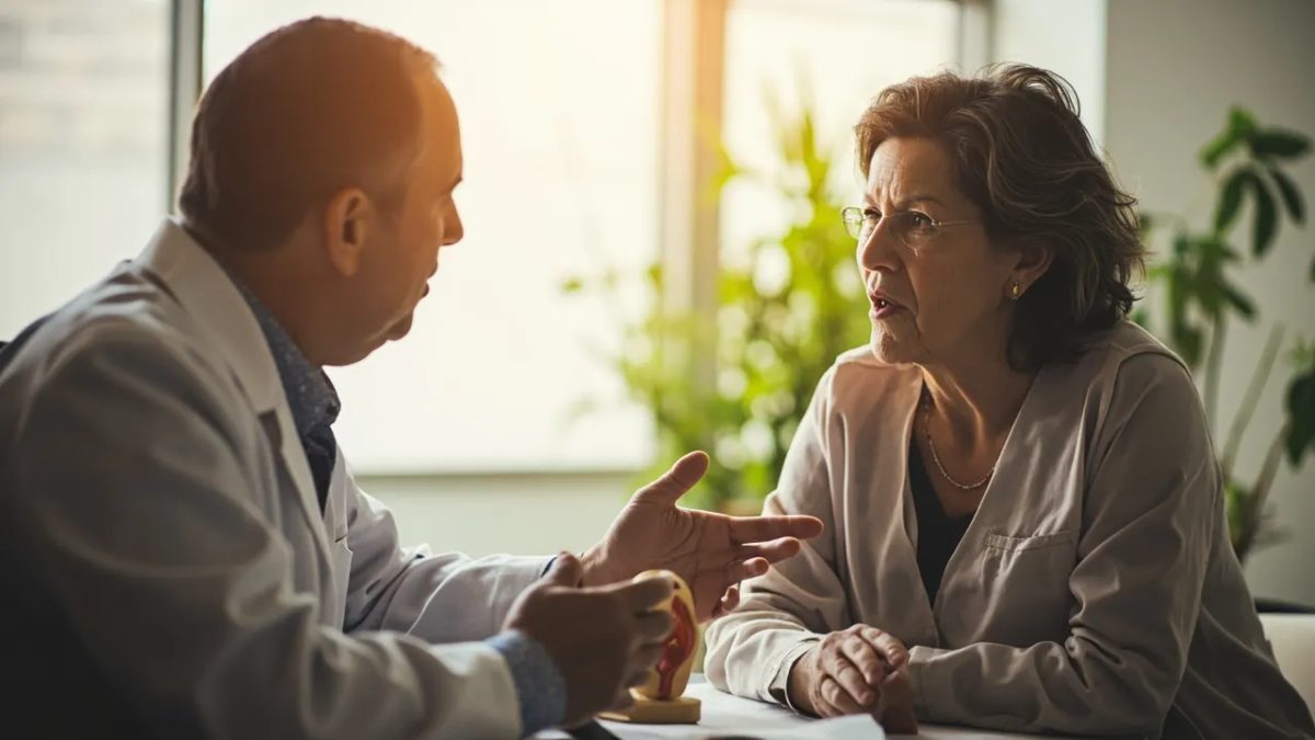 Paciente diversa conversando con un cirujano bariátrico en una consulta médica, mientras el doctor explica opciones de tratamiento sosteniendo un modelo anatómico del estómago.