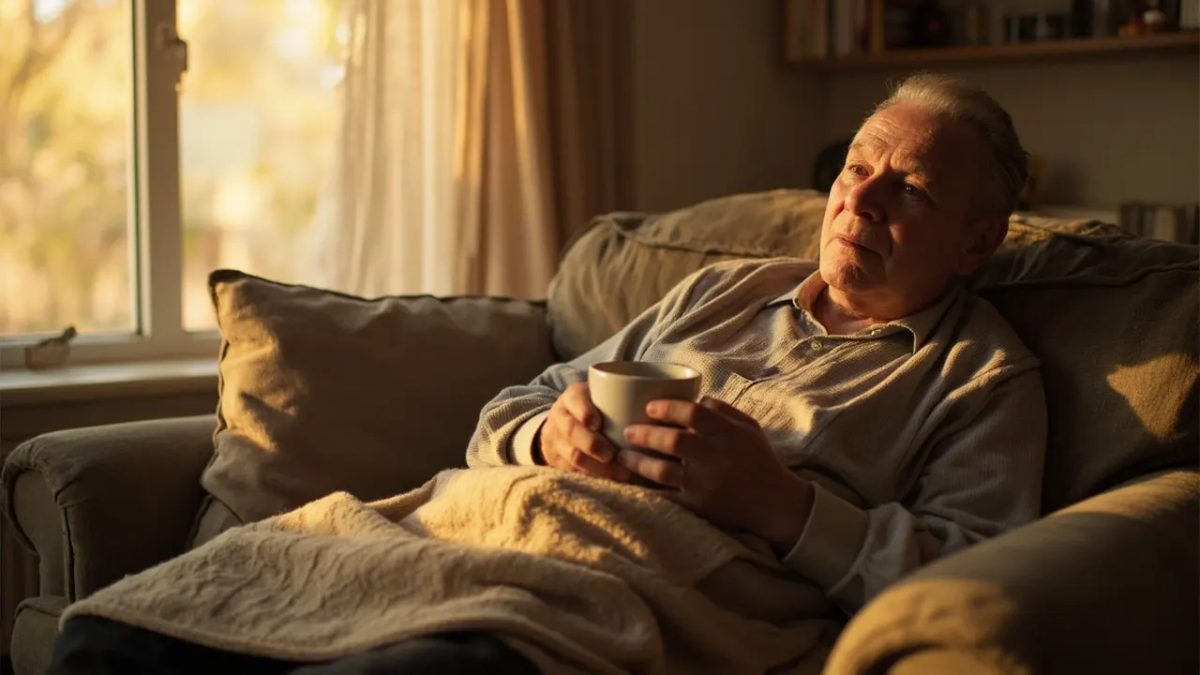 Persona descansando en un sofá junto a una ventana con luz cálida, sosteniendo una taza con ambas manos en un momento de reflexión tranquila.