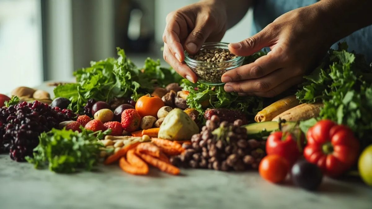 Mano colocando un pequeño recipiente de semillas entre una variedad de vegetales frescos y alimentos integrales sobre una superficie de piedra, bajo luz natural neutra.