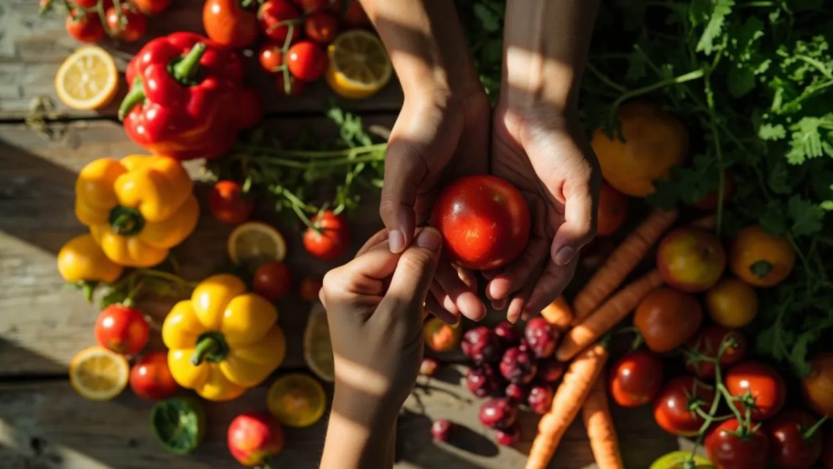 Composición cenital de frutas y verduras frescas y coloridas —pimientos, hojas verdes, bayas, cítricos, tomates, zanahorias— dispuestas sobre una mesa de madera iluminada con luz natural cálida, con manos diversas seleccionando un tomate en primer plano.