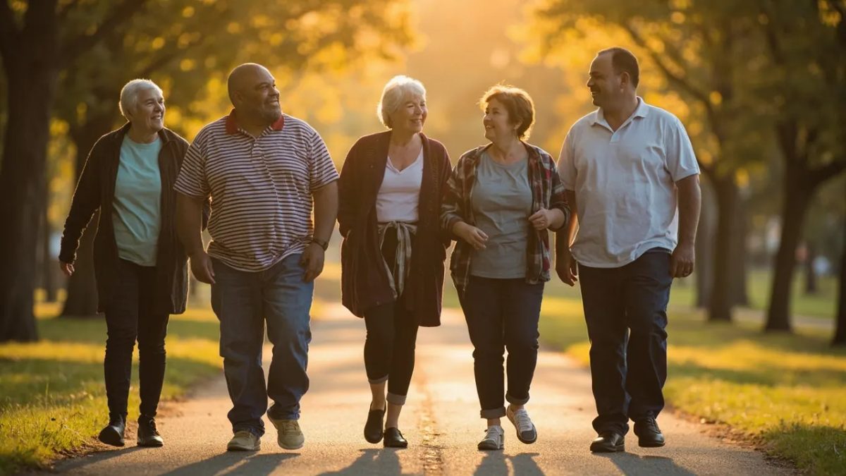 Grupo diverso de adultos de distintas edades, etnias y complexiones caminando juntos por un parque bañado por la luz cálida del atardecer.
